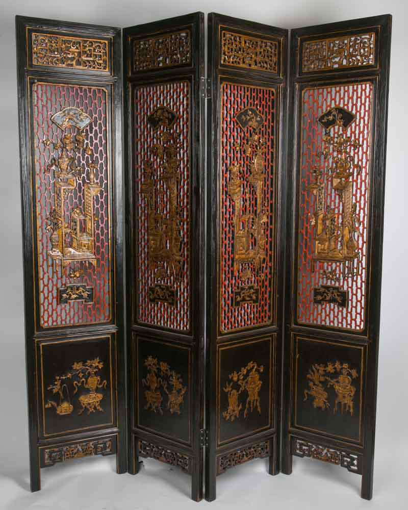 Antique Old Chinese Room Divider Asian Paravent Handcrafted Black-Gold