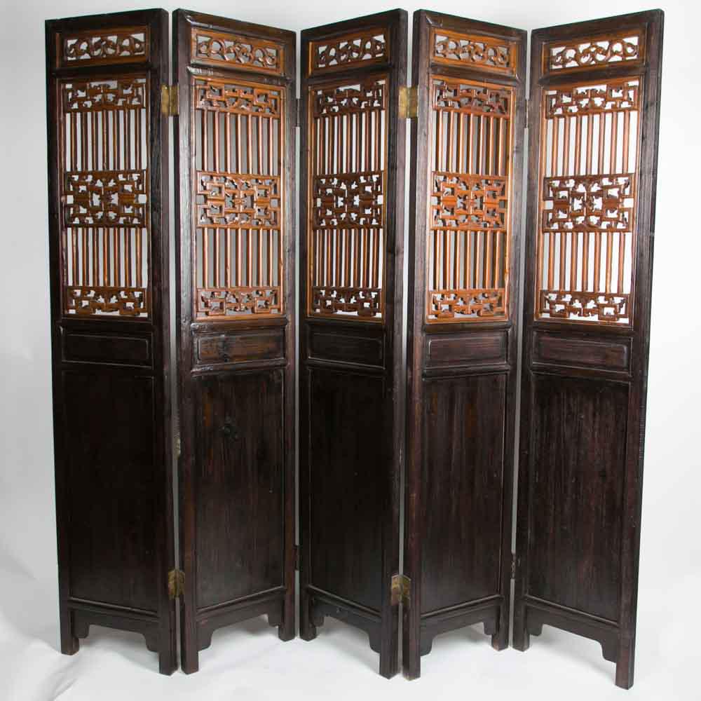 Antique Old Chinese Room Divider Asian Paravent Handcrafted Dark Brown