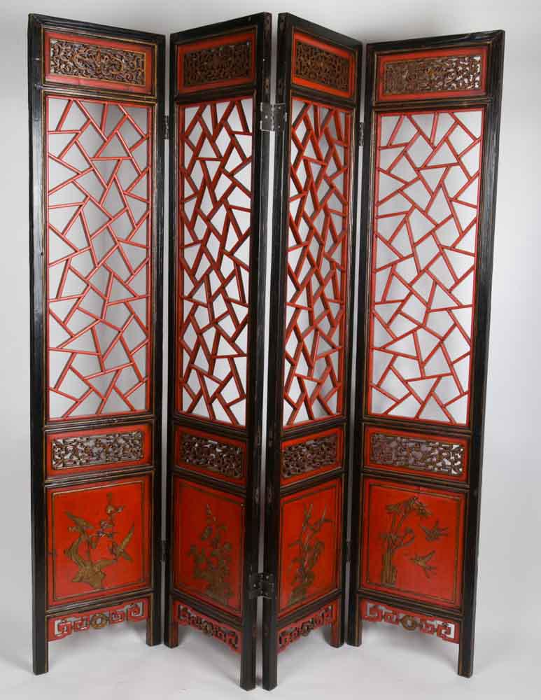 Antique Old Chinese Room Divider Asian Paravent Handcrafted Red-Black