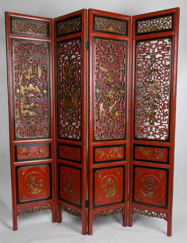 Antique Old Chinese Room Divider Asian Paravent Handcrafted Red-Gold