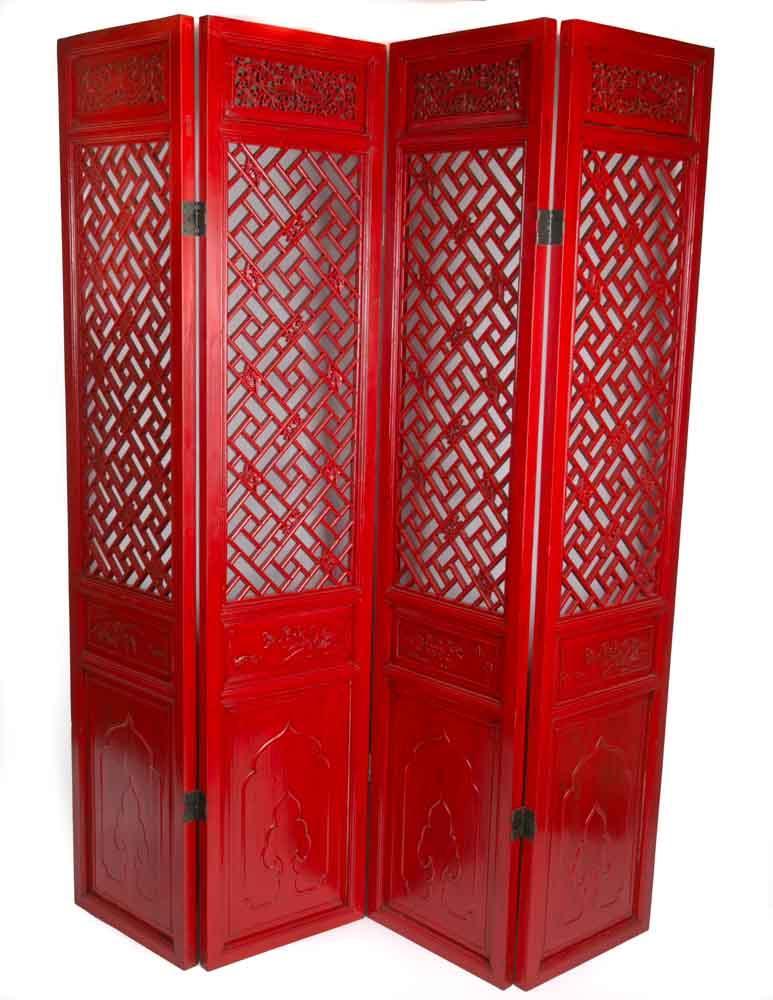 Chinese Room Divider Asian Paravent Handcrafted Red