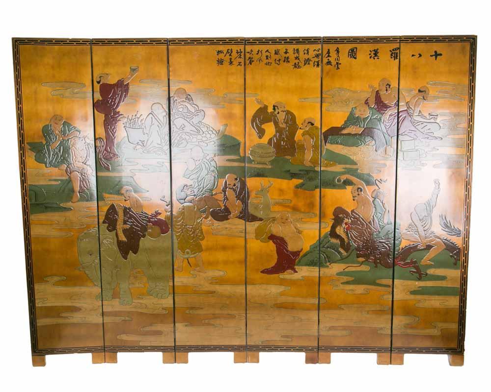 Chinese Room Divider Asian Paravent Handpainted 18 Arhat - 18 Luo Han