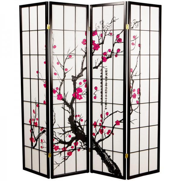Japanese Room Divider Shoji Rice Paper 4 Panel Sakura Cherryblossom Black