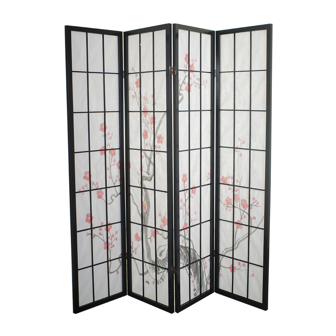 Japanese Room Divider Shoji Rice Paper 4 Panel Sakura Cherryblossom Black