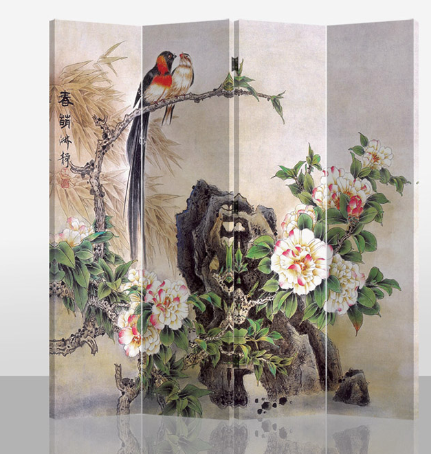 Oriental Room Divider Paravent 4 Panel Birds and Mudan Flowers