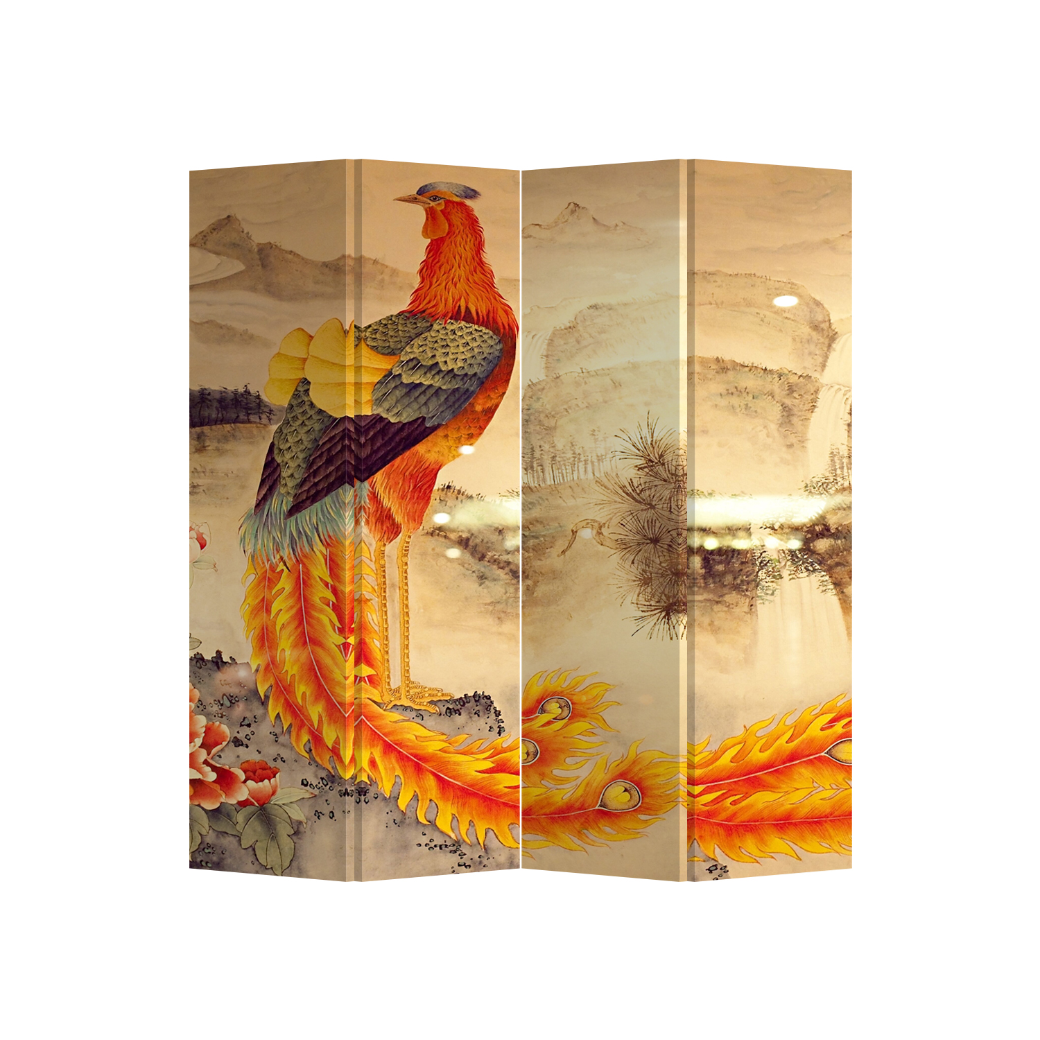 Oriental Room Divider Paravent 4 Panel Fire Phoenix