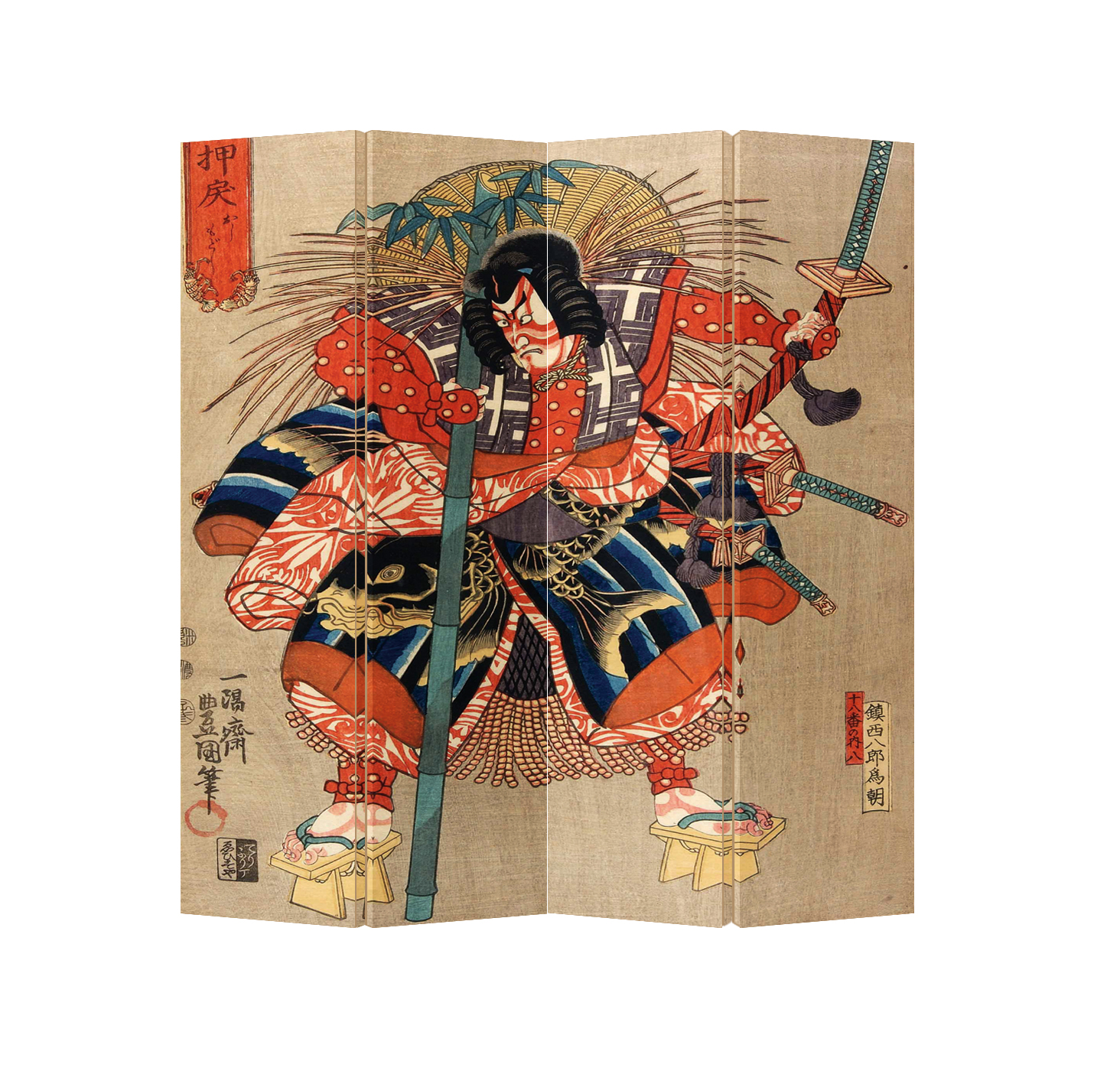 Oriental Room Divider Paravent 4 Panel Japanese Samurai Minamoto no Tametomo