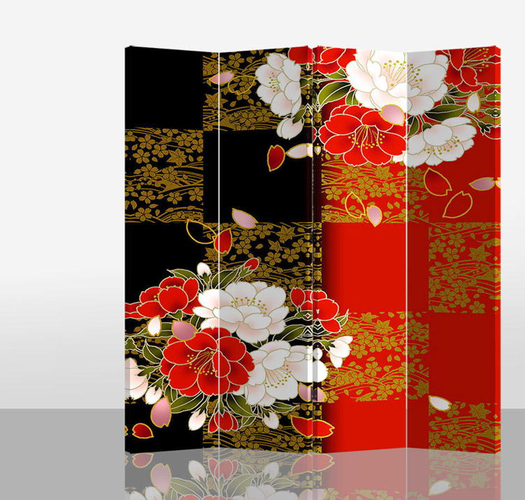 Oriental Room Divider Paravent 4 Panel Japanese Style Red Black Mudans