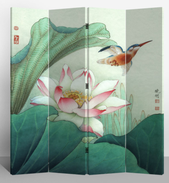 Oriental Room Divider Paravent 4 Panel Lotus and Flying Bird