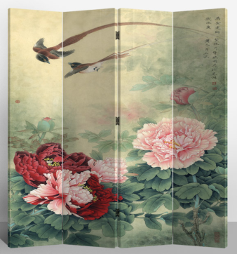 Oriental Room Divider Paravent 4 Panel Mudan and Flying Birds