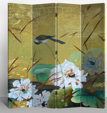 Oriental Room Divider Paravent 4 Panel Swallow and Flowers