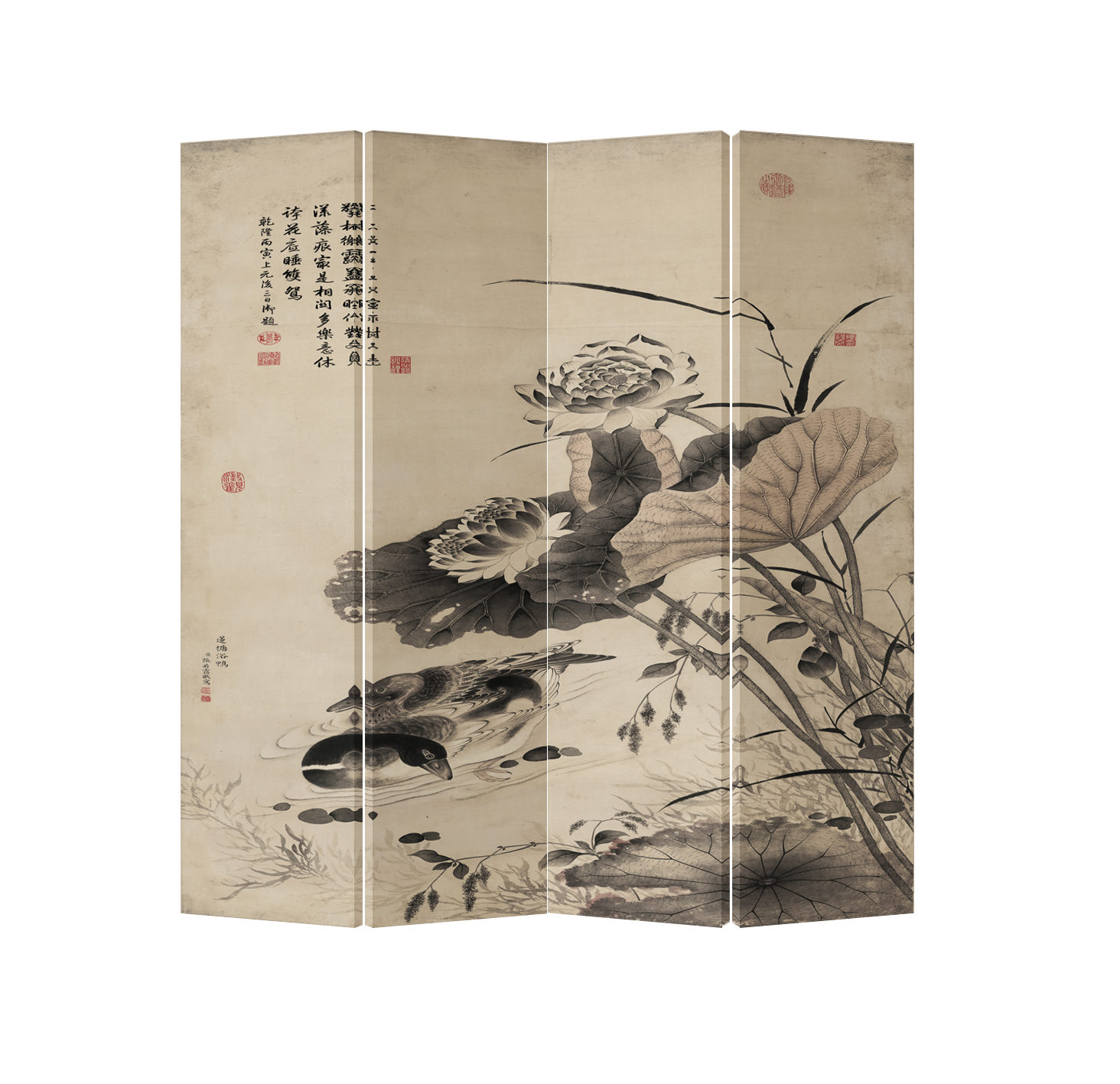 Oriental Room Divider Paravent 4 Panel Swans with Lotus