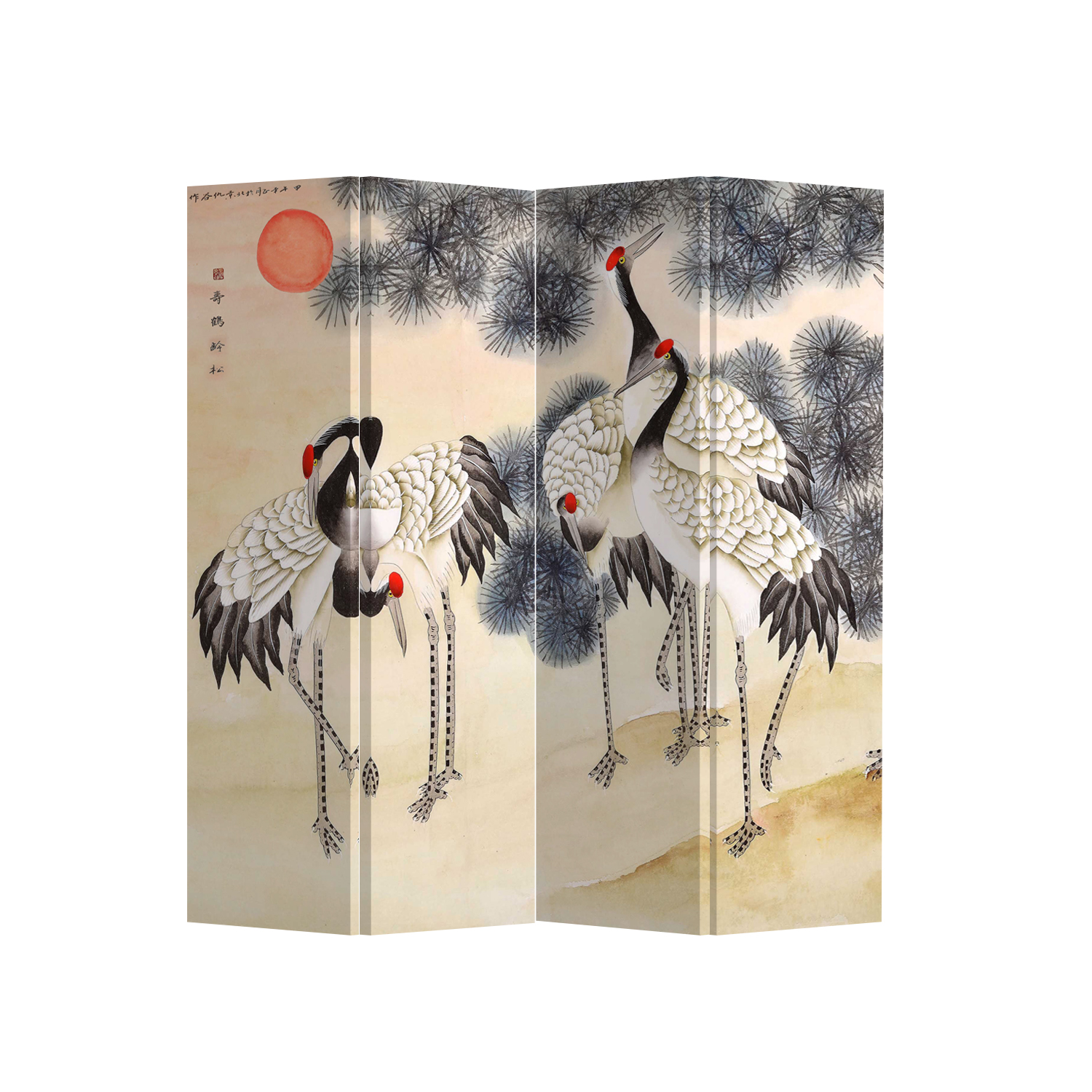 Oriental Room Divider Paravent 4 Panel Crane Birds