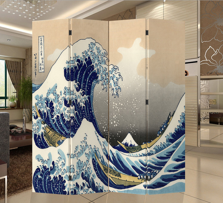 Oriental Room Divider Paravent 4 Panel Nami Waves Beige 