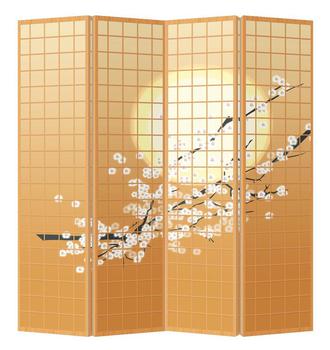 Oriental Room Divider Paravent 4 Panel Japanese Sakura Cherryblossoms White