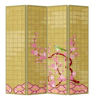 Oriental Room Divider Paravent 4 Panel Japanese Style Pink Sakura Bird