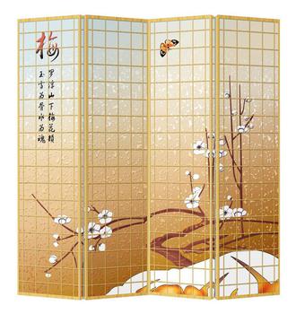 Oriental Roomdivider Paravent 4 Panel Chinese Meihua Plumblossom Snow Butterfly